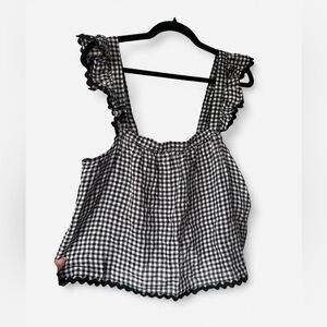 Cynthia Rowley Black and White Gingham Top Lace Trim & Ruffles 100% Linen NWT